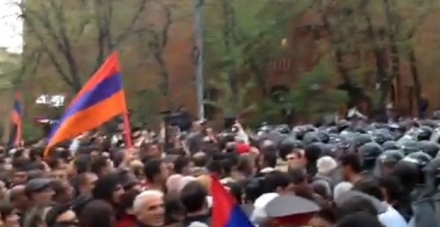 Tense Standoff Between Protesters and Riot Police at Baghramyan Ave