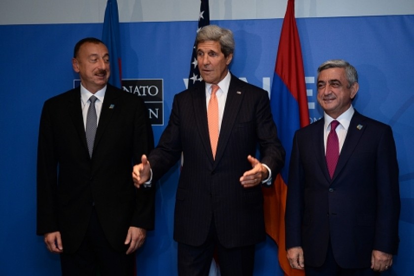 Sargsyan, Aliyev Discuss Karabakh with U.S. Secretary of State at NATO Summit